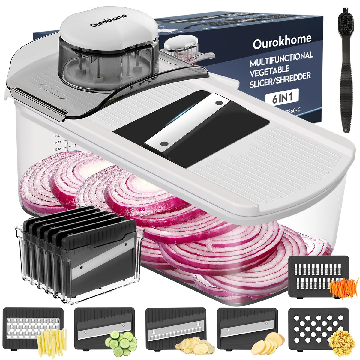 Ourokhome Mandolin Slicer for Kitchen Food, Hand Safe Vegetable Shredder with 6 Mandoline Blades, Veggie Waffle Cutter for Potato, Carrot, Zucchini, Onion, Essential Kitchen Gadgets (6 in 1, Gray)