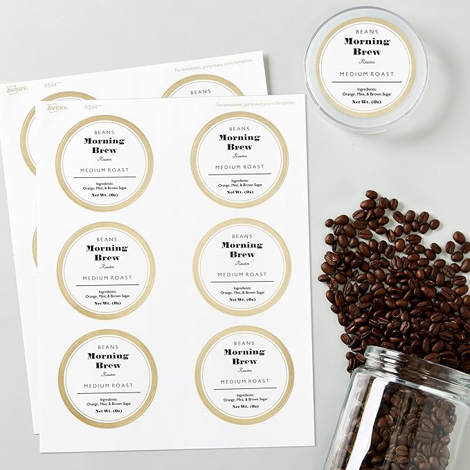 Avery Matte White Labels, Metallic Gold Borders, 3" Round Labels, 60 Total, Laser/Inkjet Printable (6544)