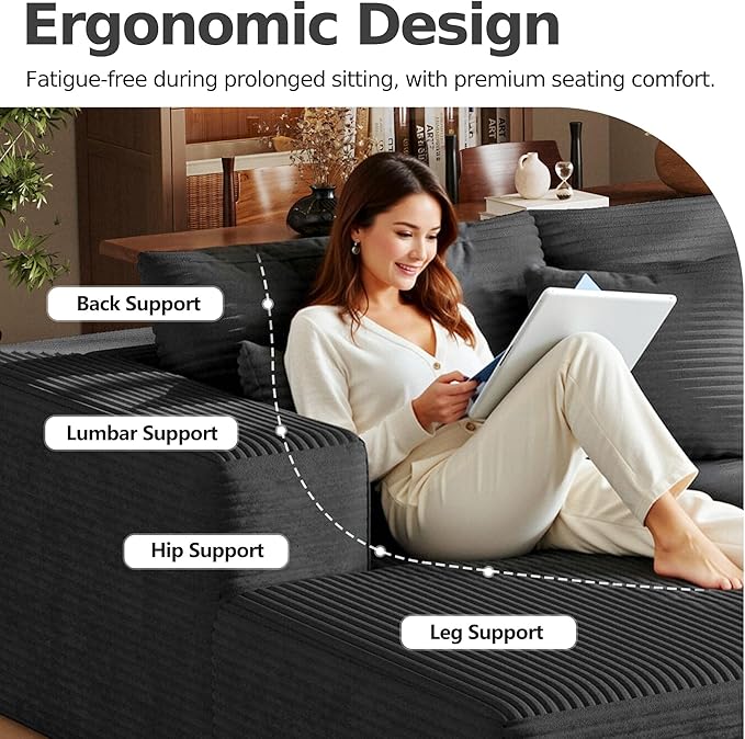 108'' Modular Sectional L-Shaped with Chair,Deep Seat Boneless Corner Couch for Living Room,Plush Corduroy Couch with Detachable Sofa Set,No Assembly(Left Facing Chaise,Gray)