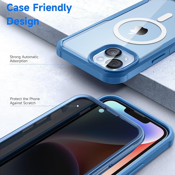 seacosmo for iPhone 14 Plus Case, Full Body Bumper with Built-in 9H Tempered Glass Privacy Screen and Camera Lens Protector, Compatible with MagSafe, Shockproof 14 Plus Phone Case, 6.7", Blue