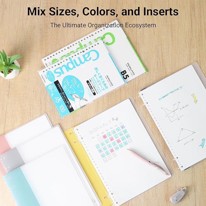 KOKUYO Campus 2x2 Spiral Binder Notebook Set, B5 Refillable Notebook + 50 Refill Papers with 5x5 Graph Ruled, 40 Sheet Capacity, Yellow, Perfect for Work, Study & Journal, Japan Import