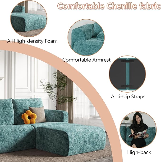 EASE MOOSE Boneless Couch for Living Room, Sectional Cloud Sofa, Modular Cloud Couch Loveseat, 2-Seater Deep Seat Sofas with Pillow for Bedroom, Apartment, No Assembly Required, Chenille (Blue)
