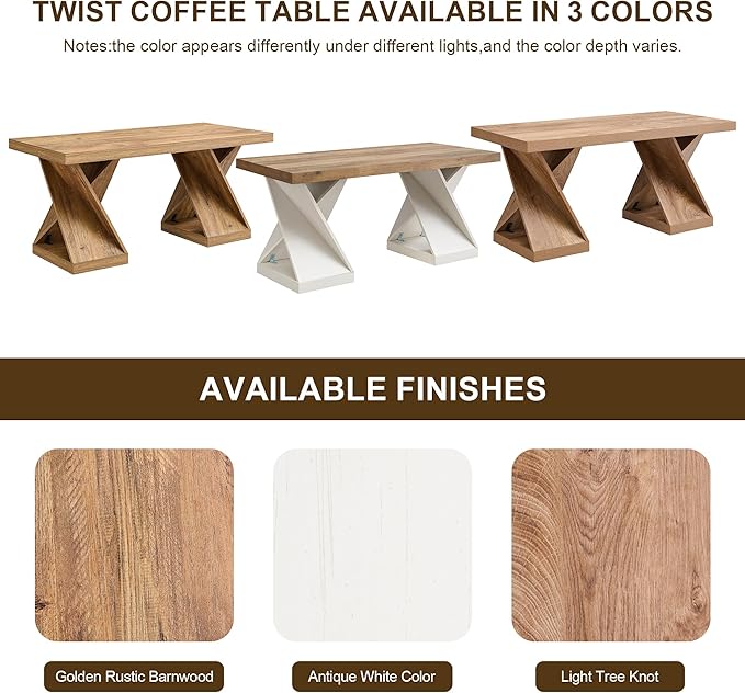 OKD Modern Coffee Table, 48" Twisted Center Table with Wood Thickened Pedestal, Rectangular Rustic Living Room Table, Farmhouse Storage Low Cocktail Tea Table, Light Tree Knot