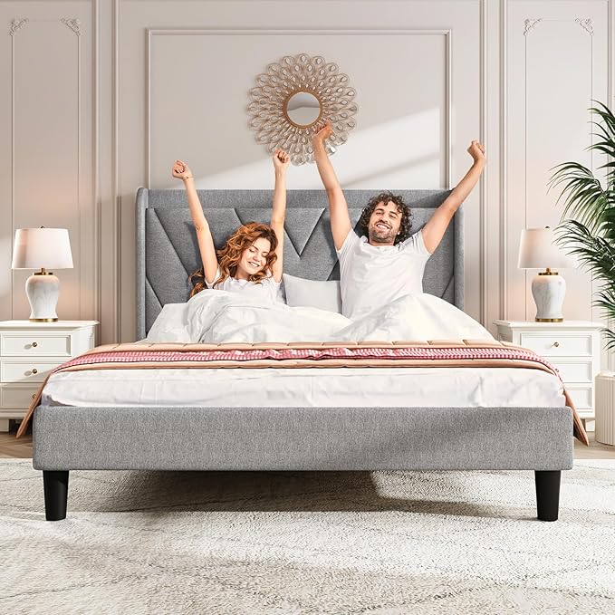 koorlian Full Size Bed Frame, Full Bed with Headboard, Adjustable Upholstered Bed Frame with Type-C&USB Port, Wingback Storage Headboard, Noiseless, No Box Spring Needed, Light Gray