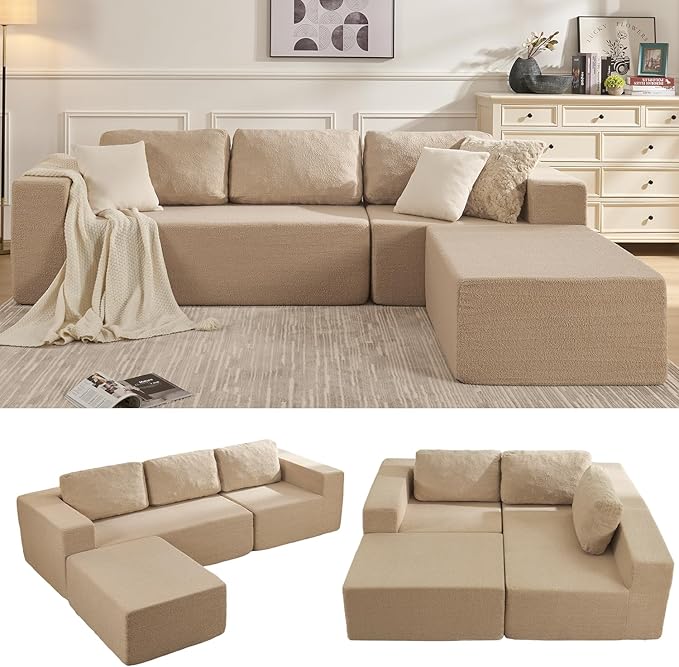 Loveseat Sofa, Cloud Modular Sofa Couch, Upholstered Floor Sofa with Deep Seat, Upholstered Foam Couch for Bedroom Living Room, No Assembly Required (Teddy Boucle, Camel)