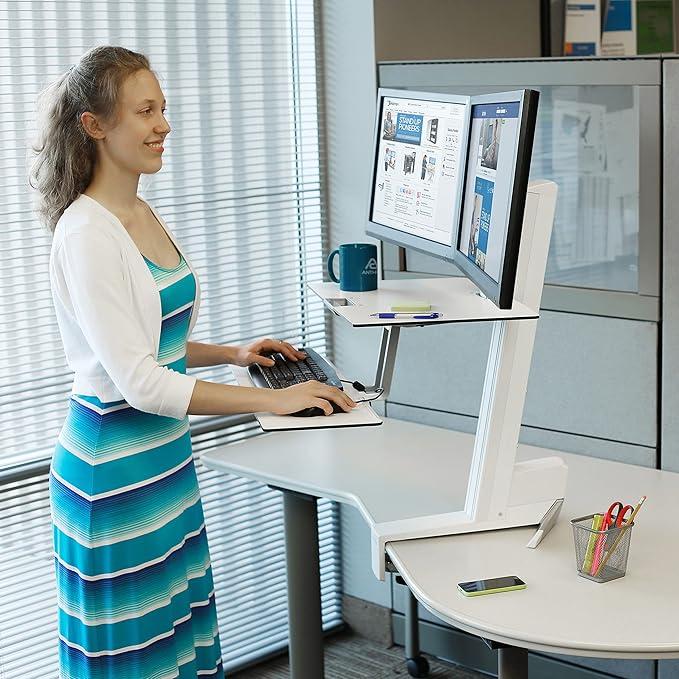 Ergotron – WorkFit-S Dual Monitor Standing Desk Converter, Sit Stand Workstation for Tabletops – with Worksurface, White