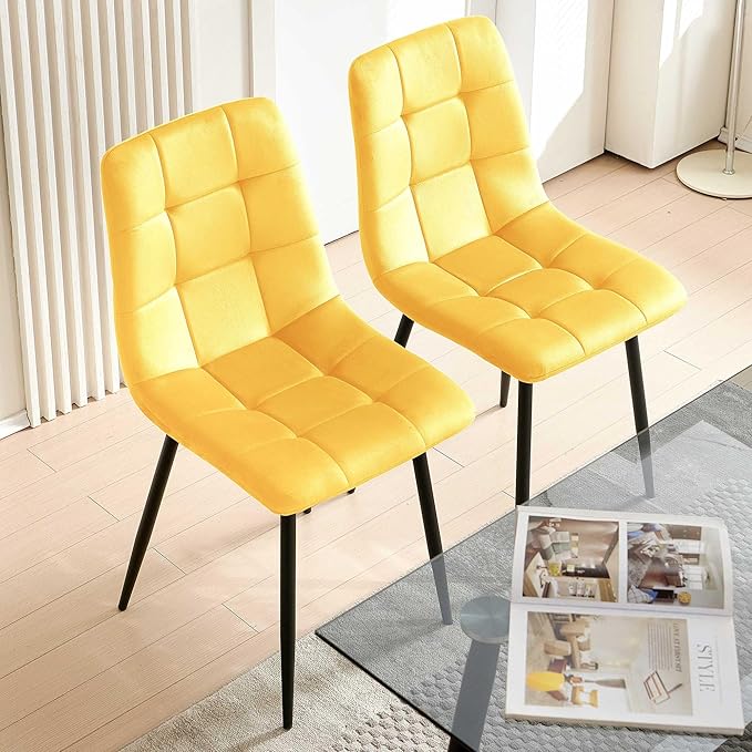 NORDICANA Yellow Velvet Dinner Chairs Set of 4, Modern Armless Biscuit Tufted Dining Side Chairs with Metal Legs for Kitchen Living Room Vanity