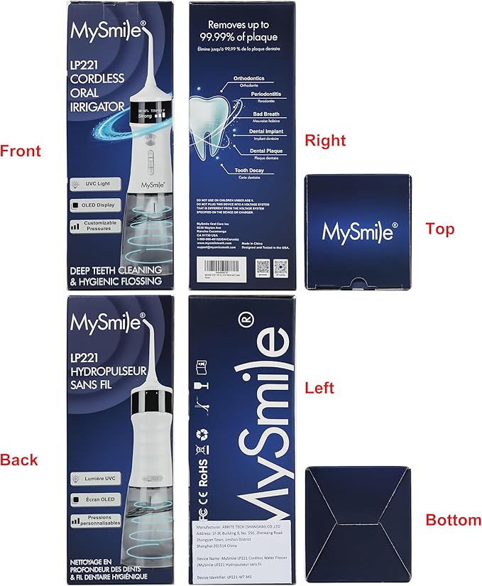 MySmile LP221 Cordless Water Flossers for Teeth with UVC Light Sanitizer and OLED Display, 335ML 4 Modes Water Teeth Cleaner Picks for Teeth Cleaning and Water Flossing (Pearl White)