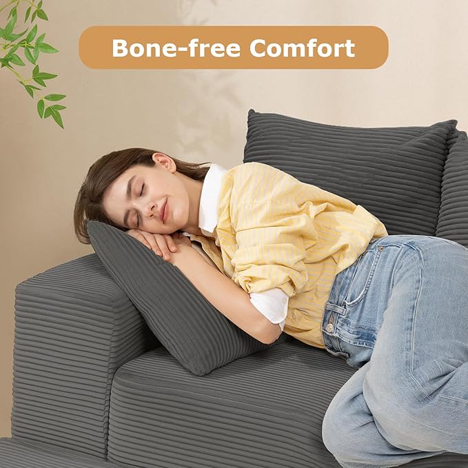 Convertible Futon Sofa Bed with Ottoman, 5 in 1 Folding Couch Bed Loveseat Sleeper, Corduroy Boneless Couch with Deep Seat for Living Room Chaise Lounge Chair Indoor, No Assembly Required, Grey