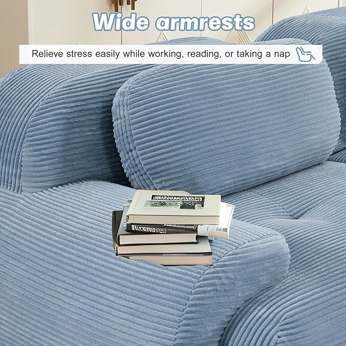 116" Modern Compressed Boneless Couch with Ottoman, 3 Seater Large U Shaped Sectional Couches for Living Room, Blue Corduroy Cloud Modular Sectional Sofa, Memory Foam, Extra Deep, No Assembly