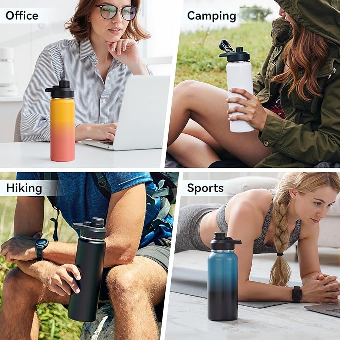 24 oz Insulated Water Bottle with Handle, 304 Stainless Steel Water Bottles with Wide Mouth, Double Wall Vacuum Sports Water Bottle, BPA Free, Keep Cold and Hot, Yellow&Orange