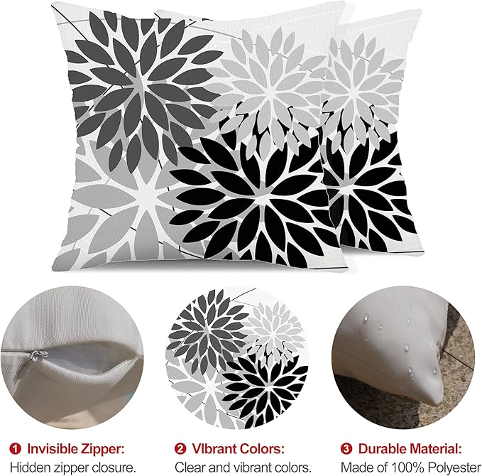 DFXSZ Outdoor Throw Pillow Covers 18x18 Inch Set of 2 Waterproof Spring Summer Geometric Elegant Black Grey Outdoor Pillow Covers for Patio Funiture Garden Couch 158X18