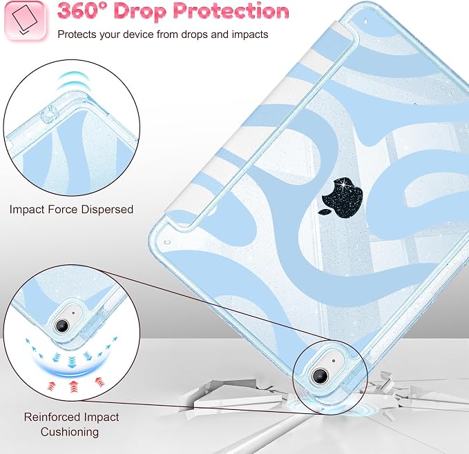 for iPad Air 11 inch M4/M3/M2 (2026/2025/2024) iPad Air 5th/4th Gen (2022/2020) 10.9 inch with Pencil Holder Glitter Clear Pretevtive Cover Auto Wake/Sleep Black Cartoon Stickers