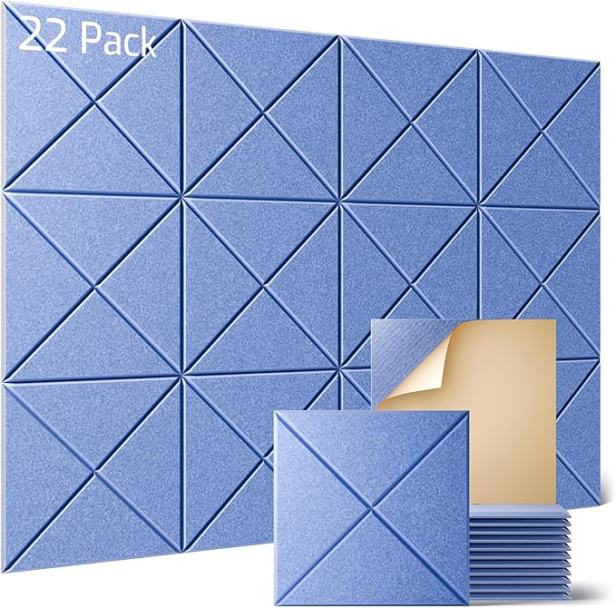 Sonicism 22 Pack X-Lined Acoustic Panels with Self-Adhesive, 12"X 12"X 0.4" Sound Proof Foam Panels, Decorative Soundproof Wall Panels, Sound Absorbing Tile for Home & Offices, Sky Blue