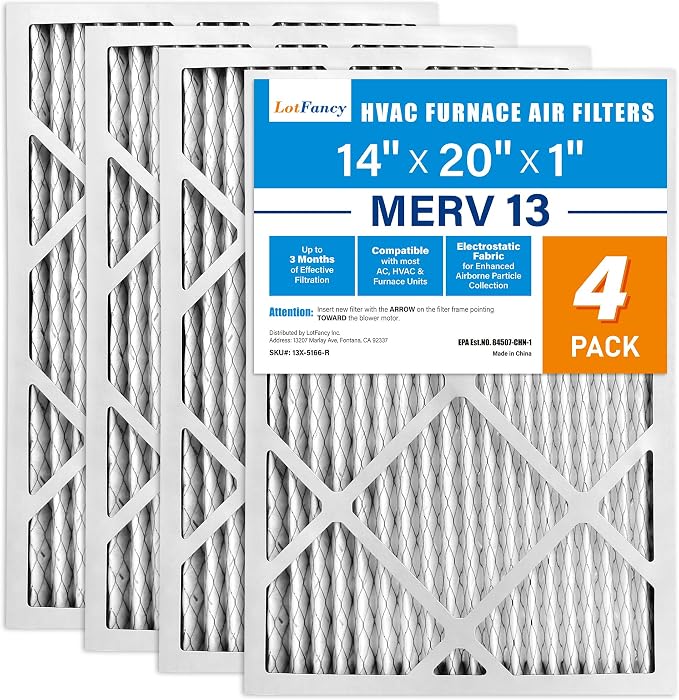LotFancy 14x20x1 Air Filter MERV 13 4-Pack, Electrostatic Pleated HVAC Furnace