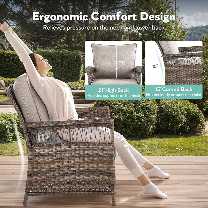 Wicker Outdoor Chairs Set of 2 - Hollow Widen Armrests Patio Furniture Set with Comfortable Thickened Cushion, High Back Outdoor Rattan Chairs for Balcony Porch Deck and Yard - Brown/Beige