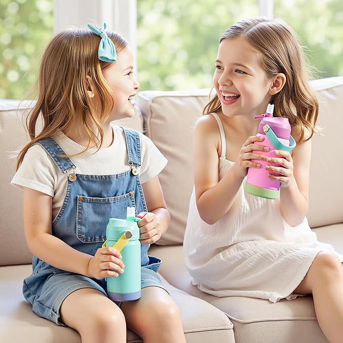 Kerilyn 12oz Kids Water Bottle 2 Pack, Stainless Steel Insulated Water Bottle Bulk, Toddler Cups with Straws Leak-Proof, Kids Water Bottles for School Boys Girls, BPA Free, Rose Red+Charm Pink