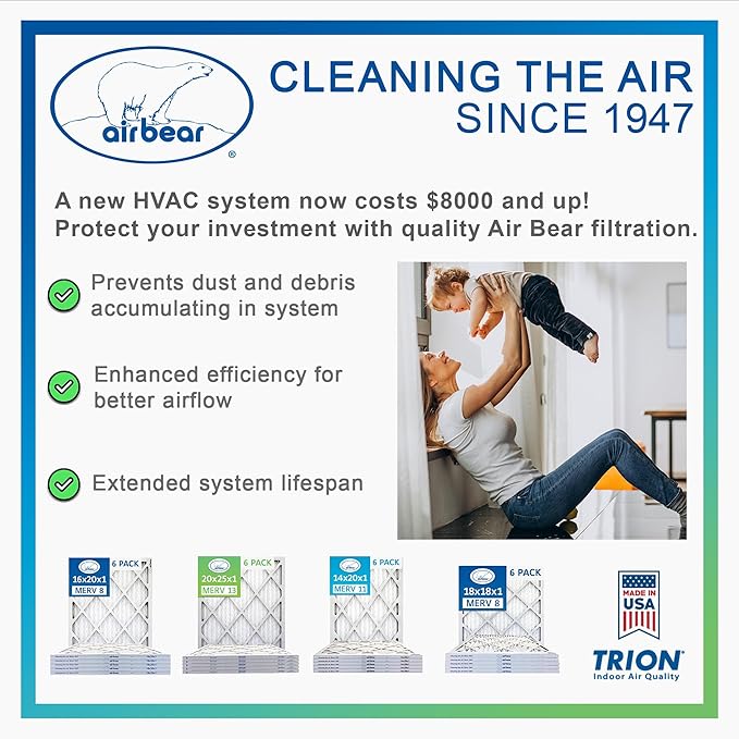 16x20x1 Air Filter MERV 8 TRION Air Bear Pleated HVAC Air Filter Replacement