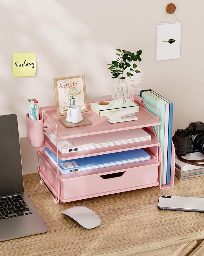 Kitsure Desk Organizer - 4-Tier Office Desk Accessories with Drawer & Pen Holder, Tool-Free Assembly Organizer with Non-Slip Pads, for Office Supplies Storage, Plastic, 13.3" x 8.0" x 10.8", Pink