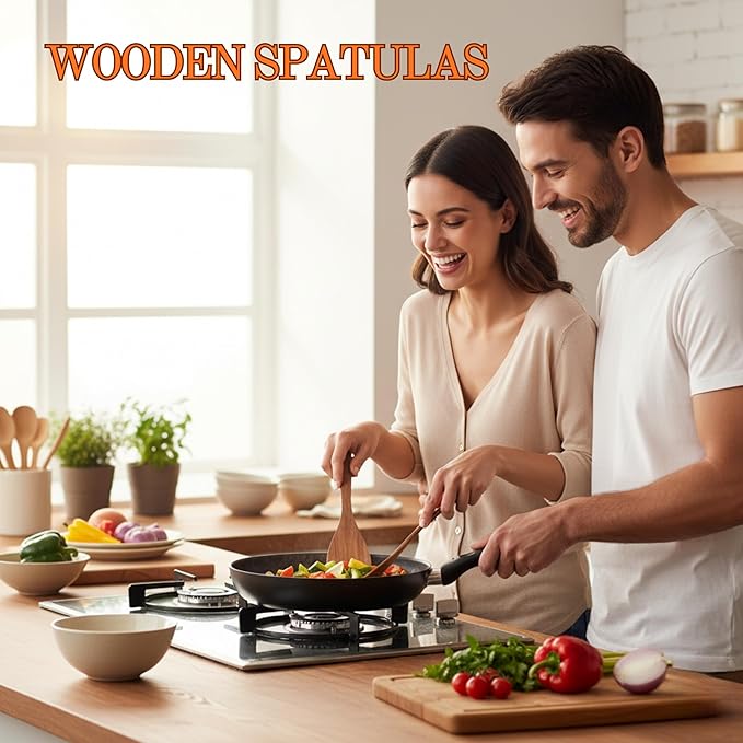Wooden Spatula for Cooking, 2Pcs Teak Wooden Utensil Set, Bamboo Spatulas for Cooking, Teak Cooking Utensils, Wood Turner