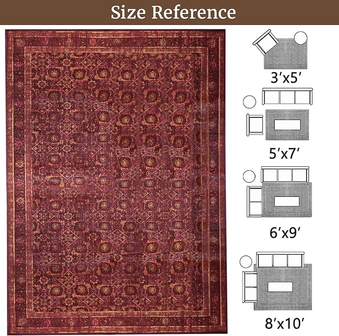 6x9 Soft Washable Area Rugs for Living Room and Bedroom, Non-Slip Stain Resistant Indoor Carpet, Cozy Floor Mat for Dining Room, Office, Under TableStain Resistant Persian red Floral