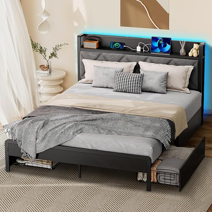 Bed Frame Full Size with Charging Station and LED Lights, Upholstered Storage Headboard with 4 Drawers, Heavy Duty Metal Slats, Noise Free, Easy Assembly, No Box Spring Needed