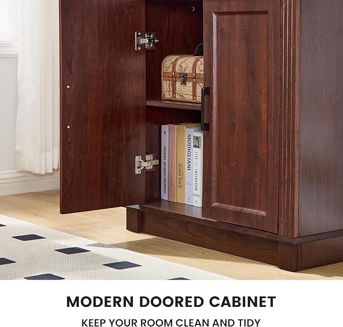 5 Tier Book Shelf and Bookshelf with Storage Cabinet Doors, 72 Inch Tall Bookcase, Wooden Cube Storage Organizer, Kids Bookshelf, Display Cabinet for Bedroom Furniture, Living Room, Pantry Cherry
