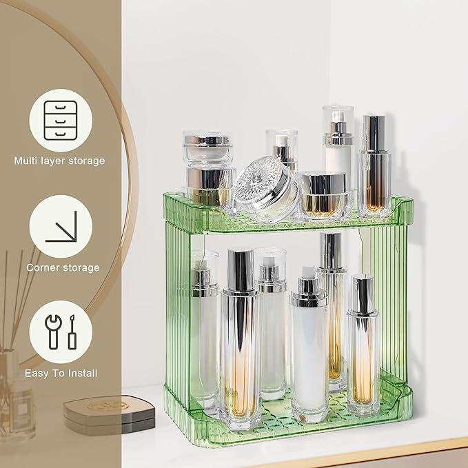 Bathroom Counter Organizer Cosmetics Skincare Organizers Skincare Makeup Organizer Countertop Holder for Perfume-2 Tier-Green