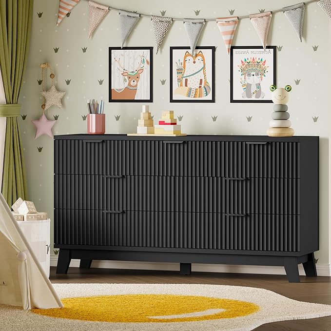 57" Long Dresser for Bedroom, 7-Drawer Fluted Chest, Wide Wood Storage Dresser with Metal Slides and Handles, Stable Base, Modern Clothes Organizer for Primary Suite, Guest Room, Nursery