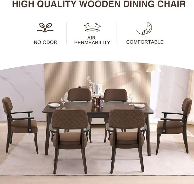 Modern Wood Dining Chairs with Arms, Velvet Upholstered Kitchen Chairs with Open Curved Backrest & Black Hardwood Legs, Accent Chairs 350 LBS Capacity, Brown
