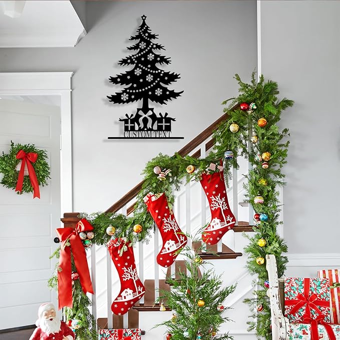 Personalized Christmas Tree Metal Sign, Custom Signs Outdoor Metal Wall Decor, Merry Christmas Tree Signs Wall Decoration for Home Living Room, Bedroom, Office, Garden, Porch