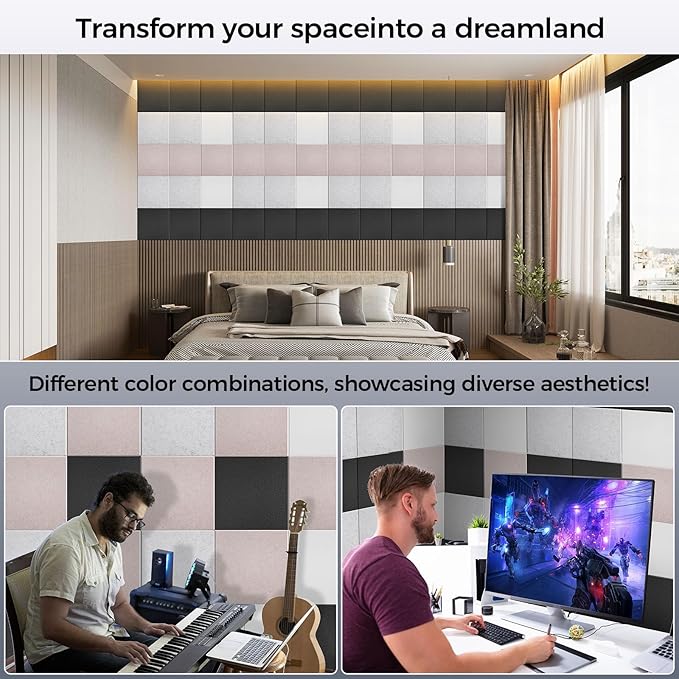 BSHEAD 10 pcs 165dtex Microfiber Acoustic Panels ,Self-Adhesive Soundproof Wall Panels, 12 x 12 x 0.4 in Sound Proof Foam Panels for Walls, High Density, Noise Dampening Panels for Home Studio(White)