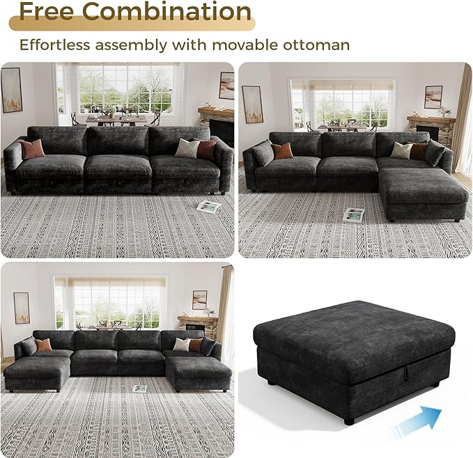 KKL Modular Sectional Sofa Couches for Living Room, 113" Sofa Couch with Adjustable Backrest, Chenille 3 Seater Sofa Couch with Comfy Cushion, Chenille, Black