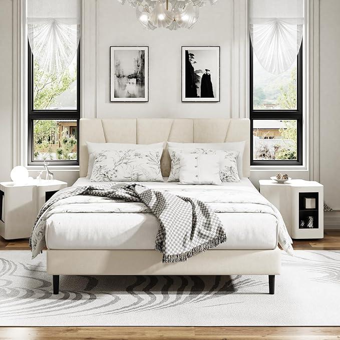 Queen Size Platform Bed Frame with Upholstered Headboard, Wooden Slats Support, Noise Free, No Box Spring Needed, Easy Assembly, Beige, Velvet