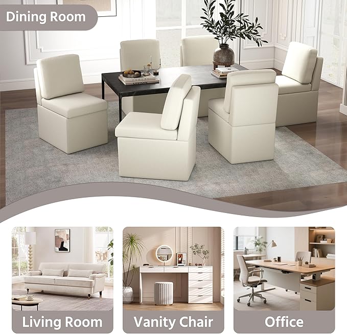 VKNOW Upholstered Dining Chairs Set of 4, Modern Kitchen Chairs with Storage, Linen Armchair Dinner Chair for Kitchen Dining Room Office Bedroom, Beige