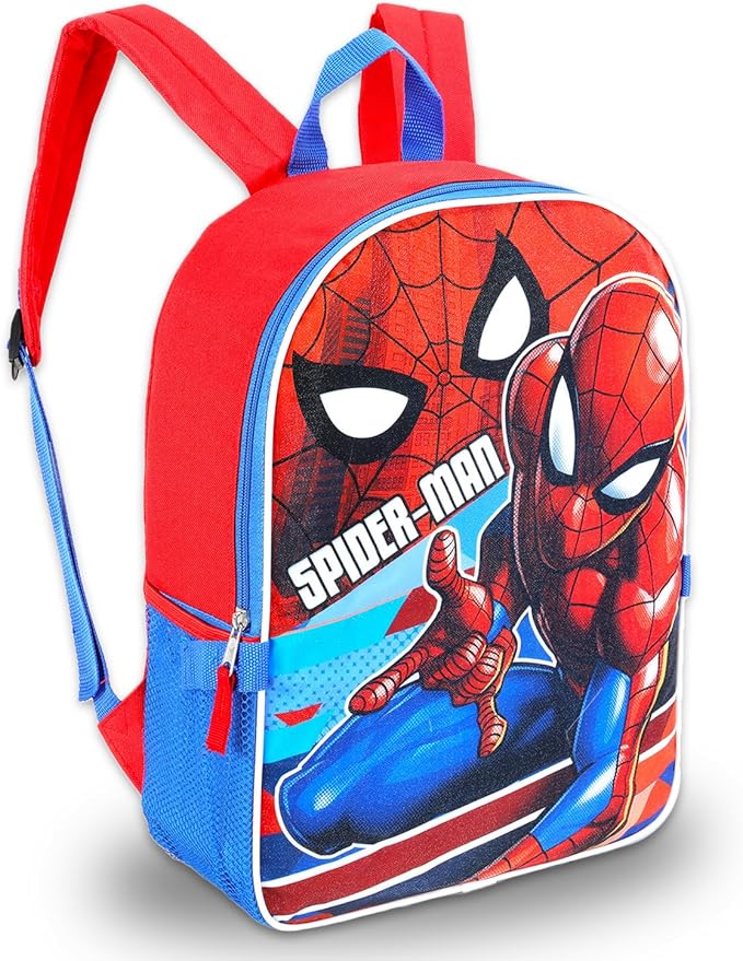 Marvel Spiderman Backpack with Lunch Box Set - 5 Pc Bundle of 15" School Bag for Kids, Lunch Bag, Stickers, More Spiderman School Supplies