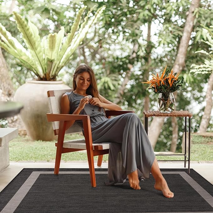 CAMILSON Outdoor Rug 10x14, Large Modern Outside Rugs for Patios Porches Waterproof Durable Washable Non-Shedding, Easy-to-Clean Indoor Outdoor Area Carpet (10 x 14, Bordered - Dark Gray/Light Gray)