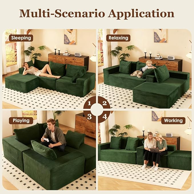 INGEROOM 108" Cloud Sectional Couch with L-Shape Chaise, Modular Sofa Memory Foam, Boneless Sofa with Movable Ottoman, Plush Corduroy Memory Foam Couch for Living Room, No Assembly, Forest Green