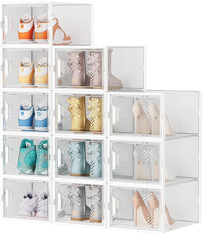 Shoe Storage, 12 Pack X-Large Shoe Organizer for Closet, Shoe Boxes Clear Plastic Stackable Shoe Storage Boxes for Size 13