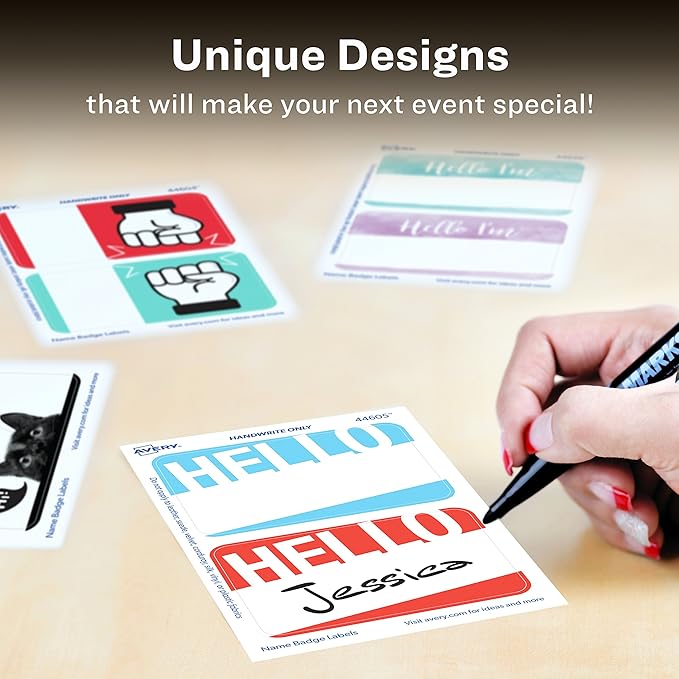 Avery Premium Name Tags, Hello, Blue and Red, No Lift No Curl, 36 Handwriteable Name Stickers