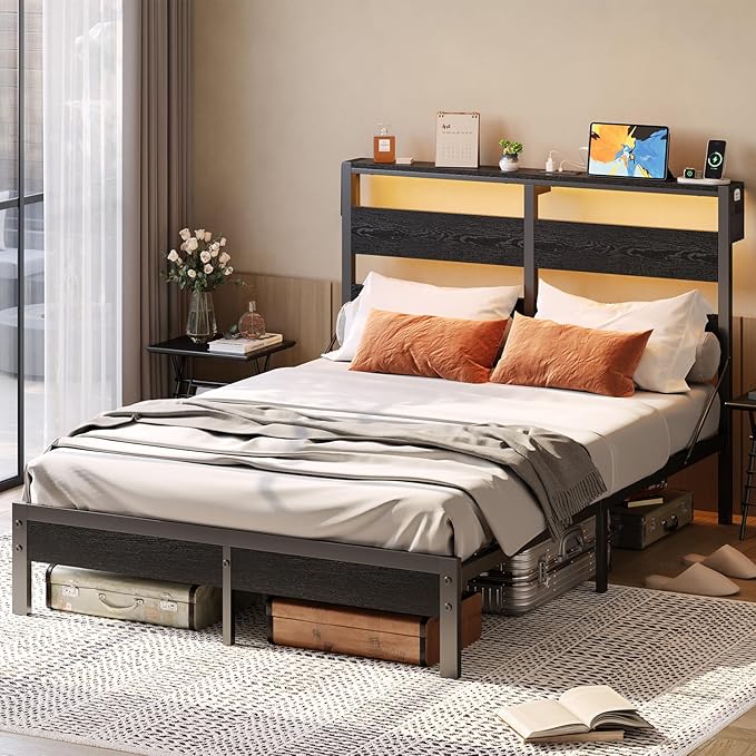Bestier Queen Bed Frame with Headboard Storage and Charging Station, Black Platform Bed Frame with LED Light, Non-Slip Metal Bed Frame Queen Size, Noise-Free, Easy Assembly, Black