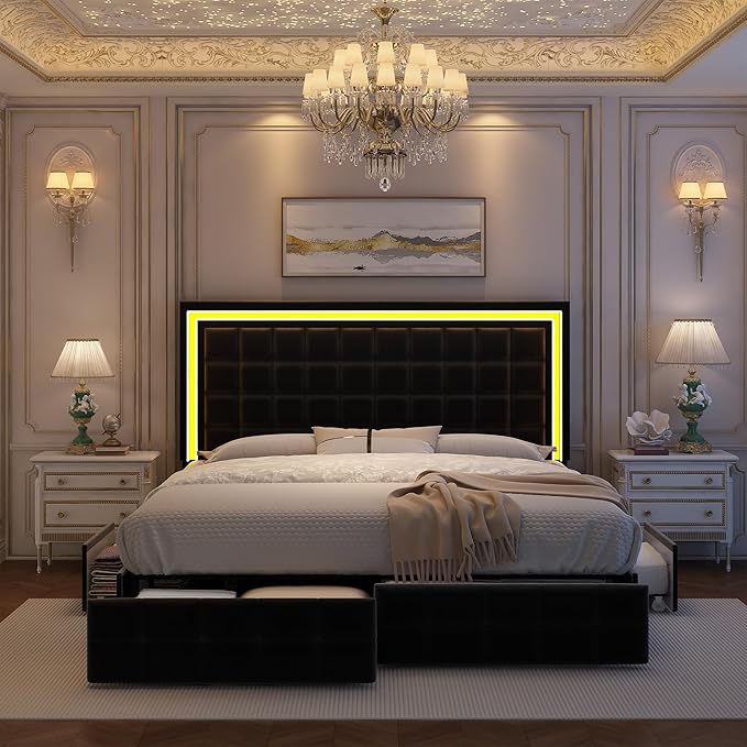 Full Led Bed Frame with 4 Storage Drawers, Bed Frame with Led Lights No Box Spring Needed, Supports 900 lbs, Easy Assembly, Quiet and Sturdy Design, Velvet Black
