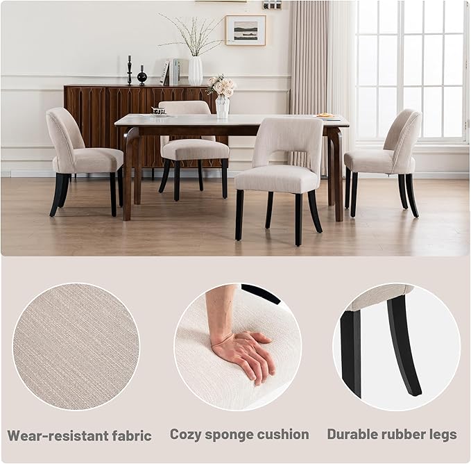 VKNOW Wooden Dining Chairs Set of 4, Modern Fabric Upholstered Dining Room Chair Kitchen Chairs, Farmhouse Dinner Chair for Kitchen Dining Room, Beige-Black Legs