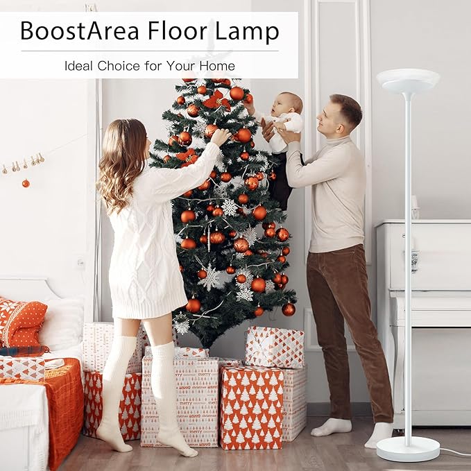 BoostArea Torchiere Floor Lamp, 24W Super Bright LED Standing Lamp, Stepless Dimmable Pole Lamp with 3000K Lighting, Glass Lampshade, 71Inch Tall Metal Modern Floor lamps for Living Room/Bedroom White