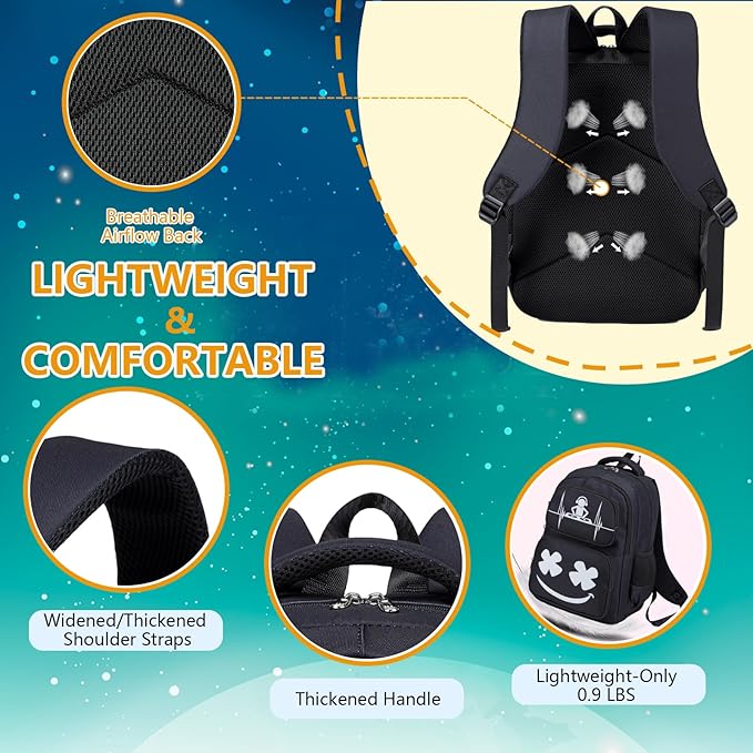 Boys Backpack with Lunch Box Glow in Dark Kids Ages 4-12 Kindergarten Elementary Middle School Teens Bookbag Mochilas Para Niños, Luminous Face Black