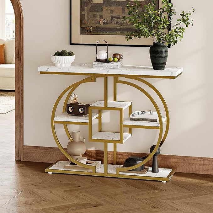 GiftGo Narrow Console Table for Entryway Industrial 4-Tier Sofa Table Behind Couch with Circle Base Rustic Wooden Accent Tables with Storage Shelves for Living Room, Hallway, Foyer (Gold and White)