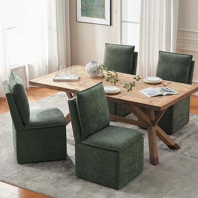 VKNOW Upholstered Dining Chairs Set of 2, Modern Rolling Chairs with Storage and Wheels, Linen Armless Chair with Cushion and Backrest, Dining Room Chairs for Living Room Kitchen Bedroom, Green