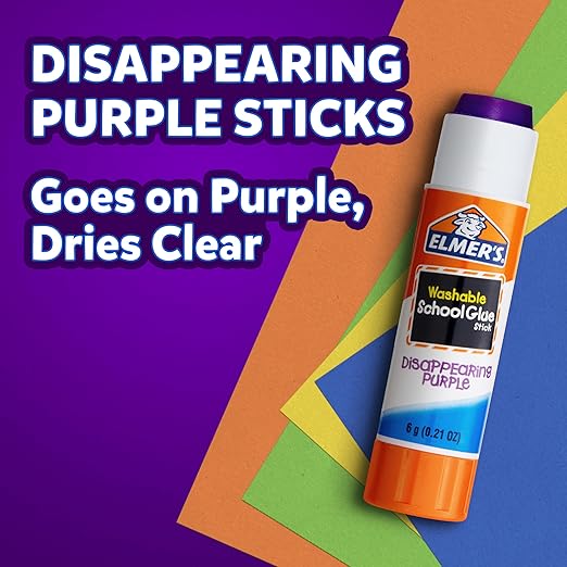 Elmer's Disappearing Purple School Glue Sticks, Washable, 6 Grams, 12 Count - Poster, Vision Board, Back to School, #1 Teacher Brand