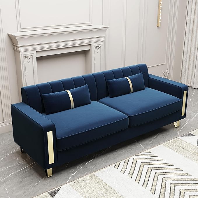 Couch 85.62" 3 Seats Sectional Velvet Fabric Sofa Easy Assemble Sofa Bed with 2 Couch Pillows,Gold Metal Legs for Living Room (P17, Blue)