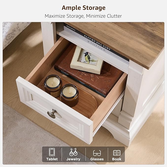 T4TREAM Farmhouse Nightstand with Charging Station, 18" End Table with 2 Drawers Storage, Wood Side Table w/Roman Column, Bedside Cabinet for Bedroom, Living Room, Antique White